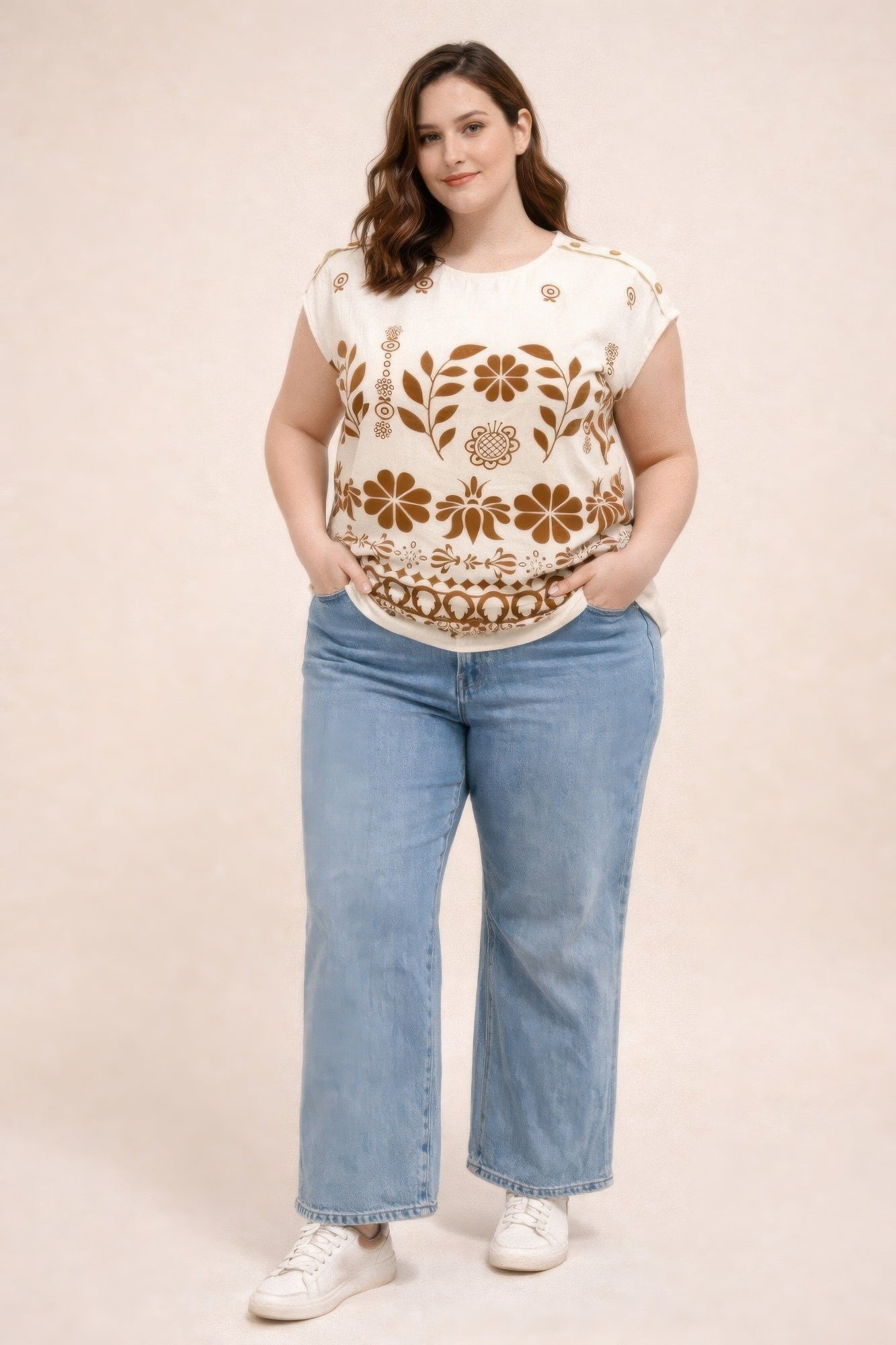 Plus Size Folk Floral Border Print Button-shoulder Top product image