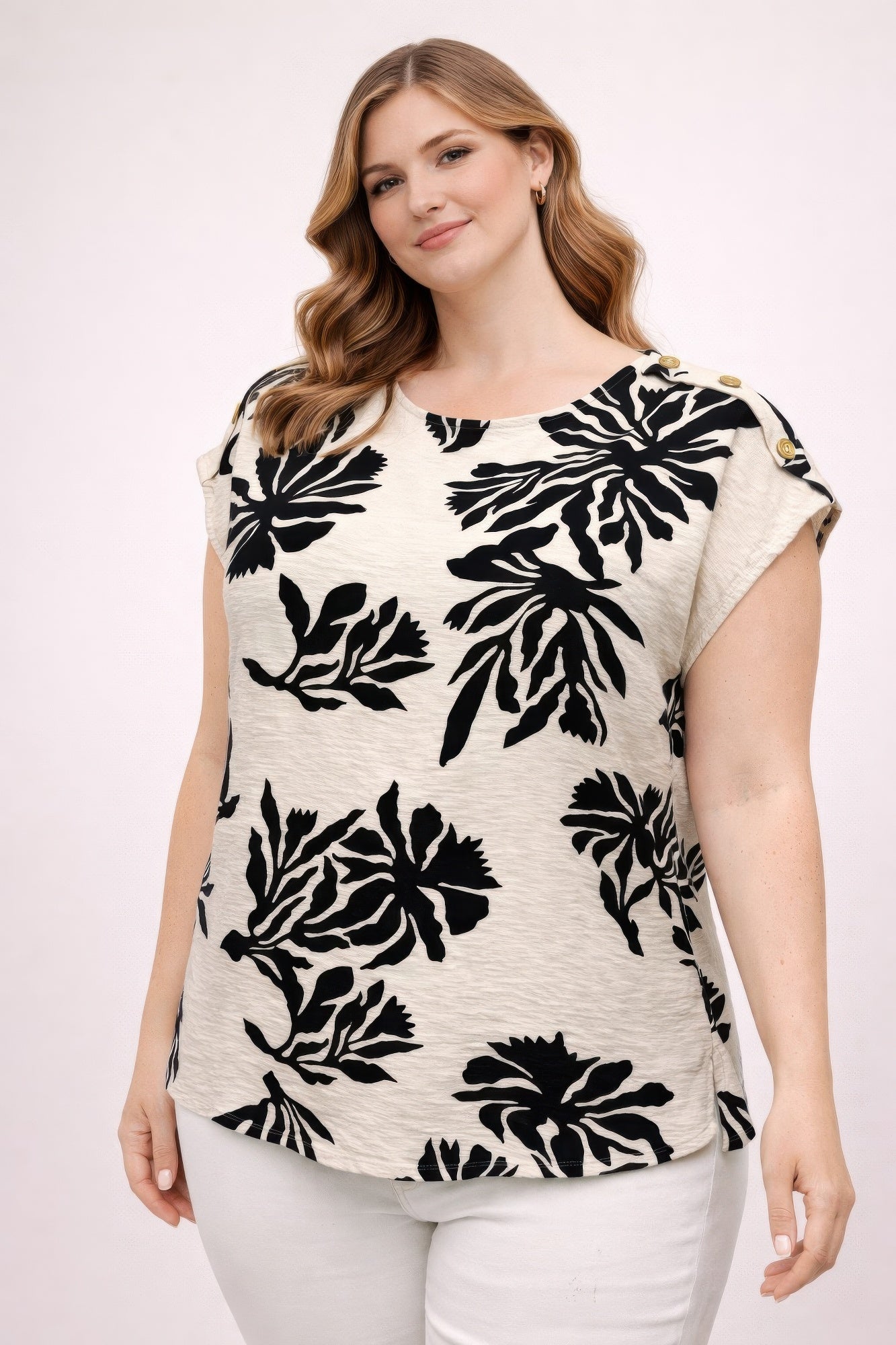 Plus Size Tropical Leaf Print Button-shoulder Top product image