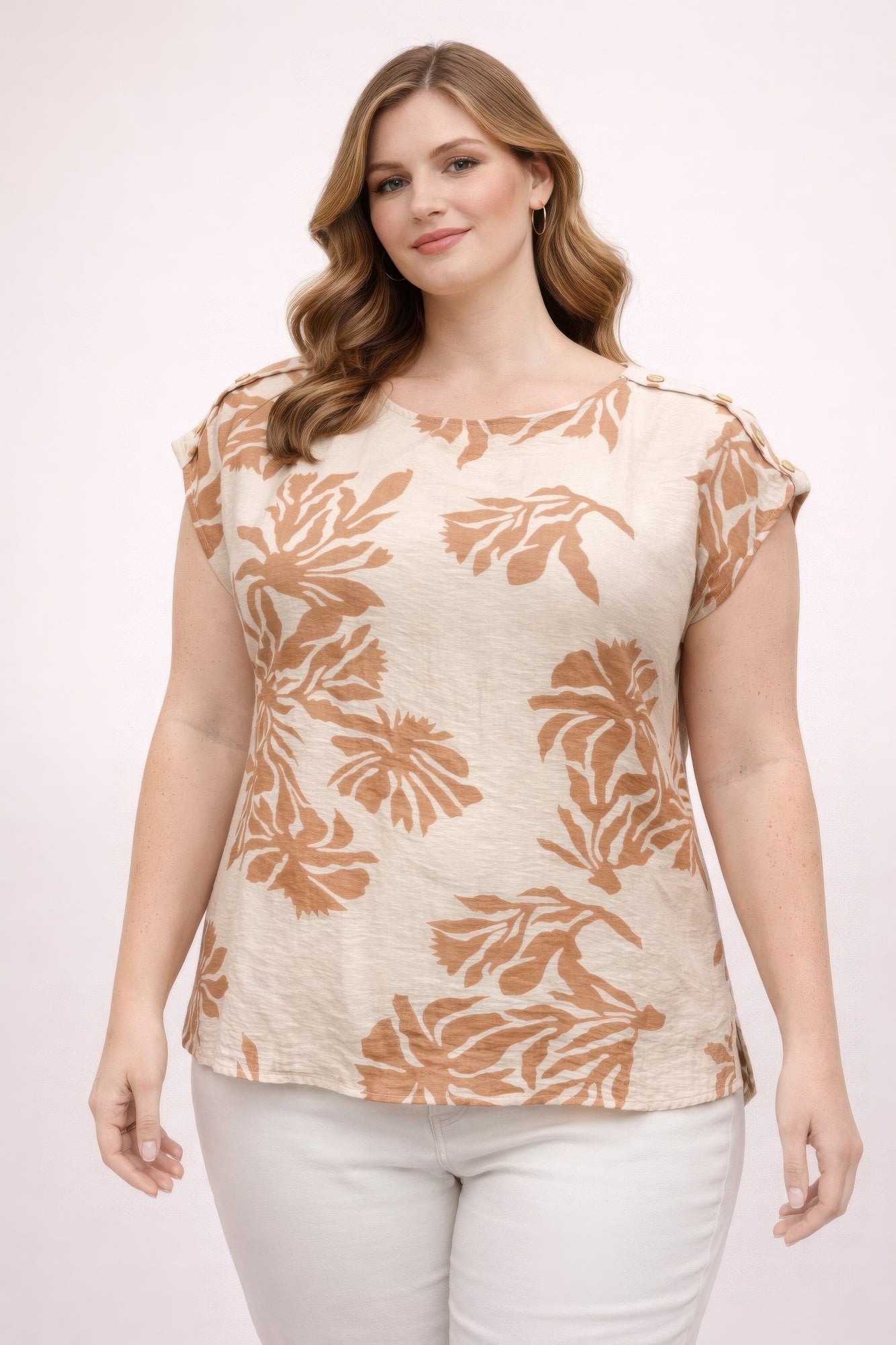 Plus Size Tropical Leaf Print Button-shoulder Top product image