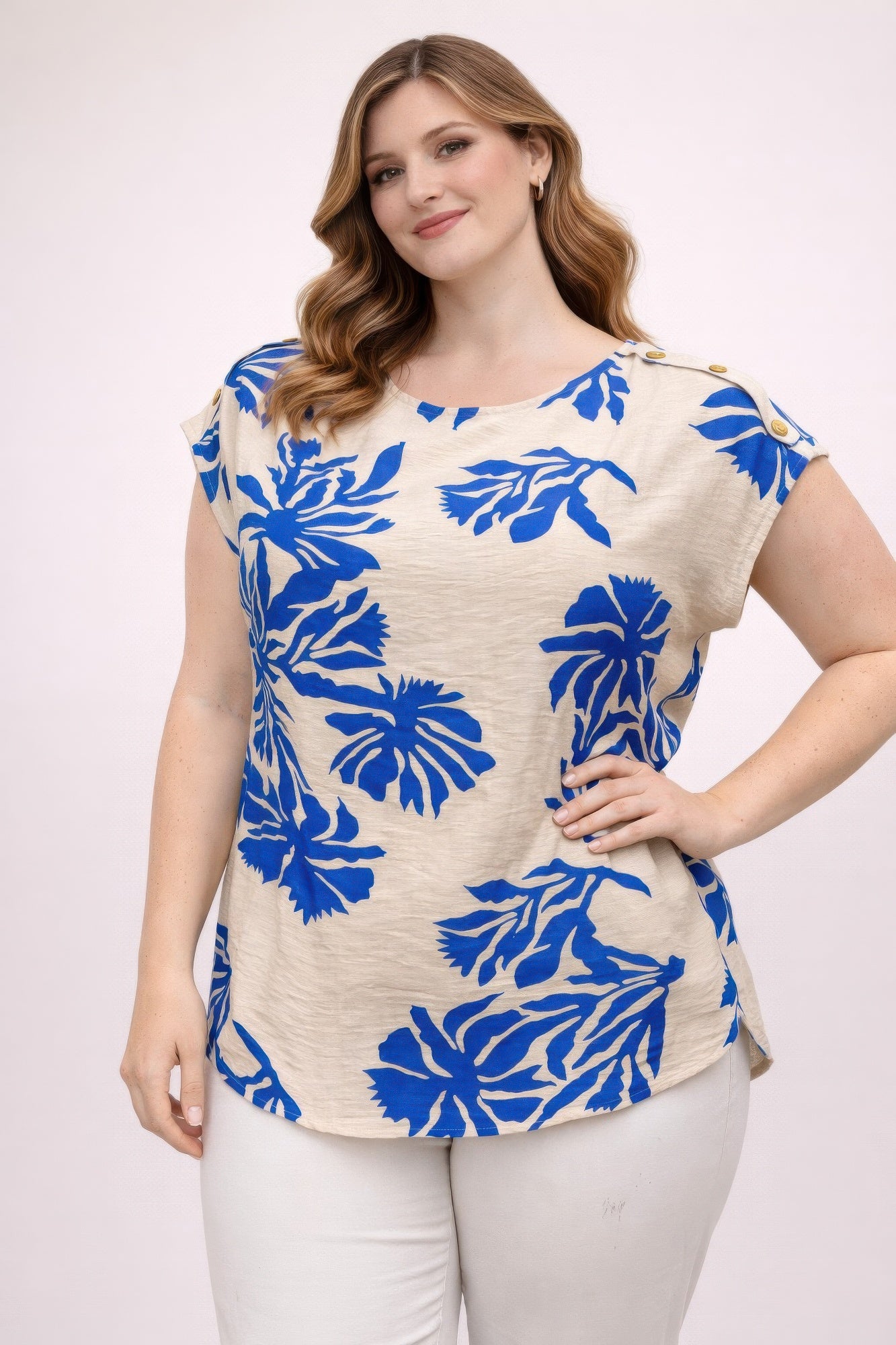 Plus Size Tropical Leaf Print Button-shoulder Top product image