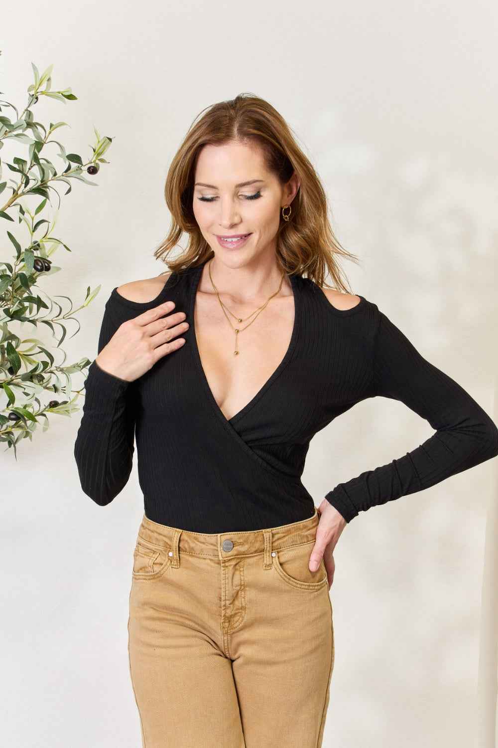 Culture Code Full Size Ribbed Surplice Cold Shoulder Top Culture Code Full Size Ribbed Surplice Cold Shoulder Top