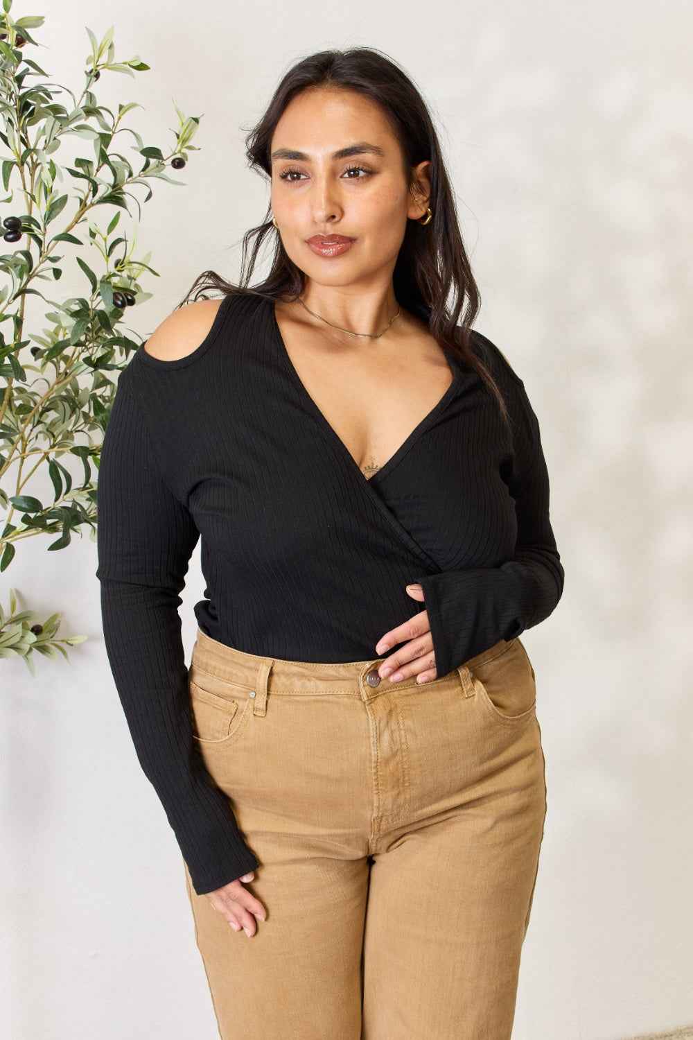 Culture Code Full Size Ribbed Surplice Cold Shoulder Top Culture Code Full Size Ribbed Surplice Cold Shoulder Top