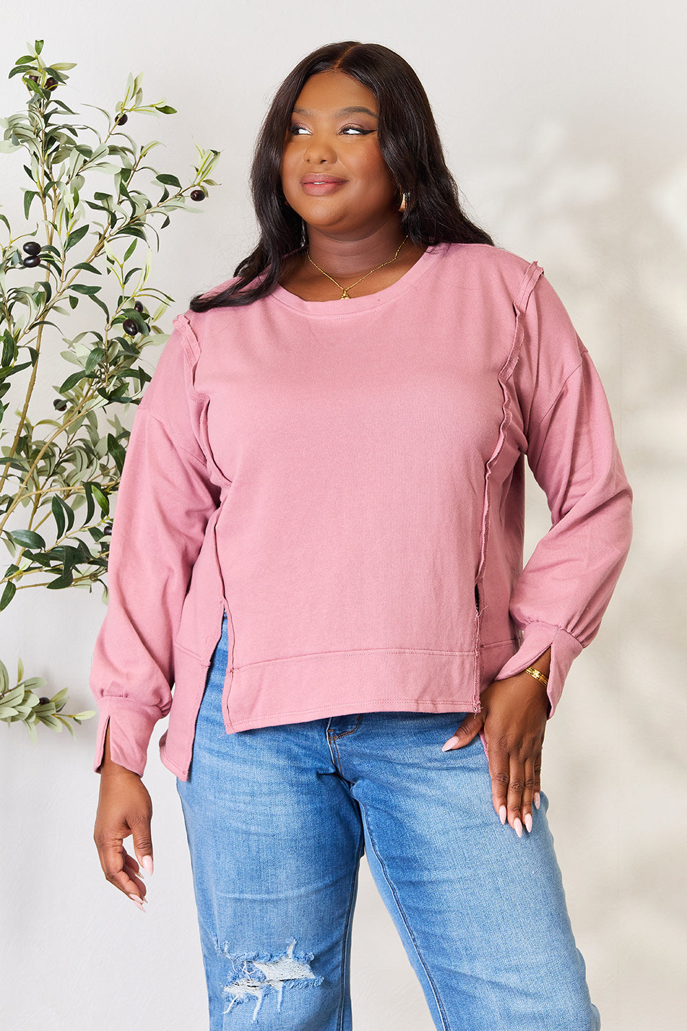 Culture Code Full Size Round Neck Exposed Seam Slit Top Culture Code Full Size Round Neck Exposed Seam Slit Top - TopFashionHQ