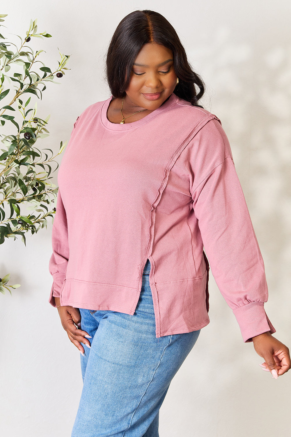 Culture Code Full Size Round Neck Exposed Seam Slit Top Culture Code Full Size Round Neck Exposed Seam Slit Top - TopFashionHQ