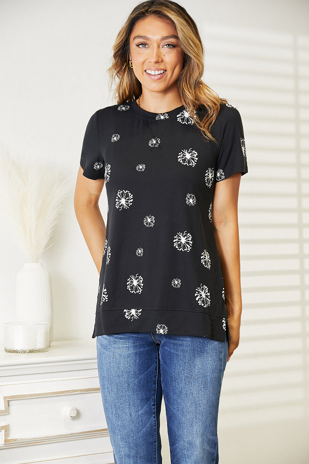Double Take Dandelion Print Round Neck T-Shirt Double Take Dandelion Print Round Neck T-Shirt - TopFashionHQ