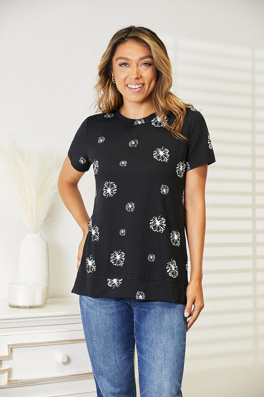 Double Take Dandelion Print Round Neck T-Shirt Double Take Dandelion Print Round Neck T-Shirt - TopFashionHQ