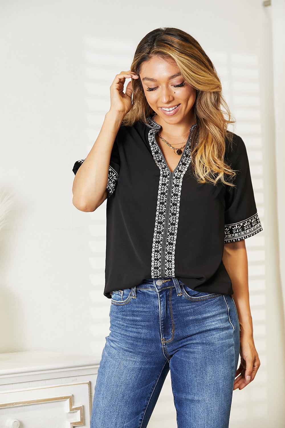 Double Take Embroidered Notched Neck Top Double Take Embroidered Notched Neck Top
