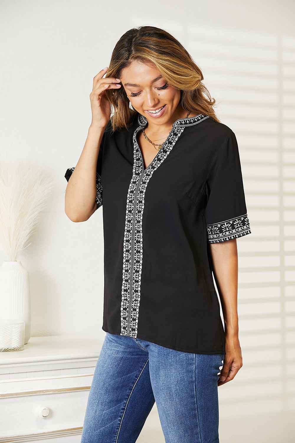 Double Take Embroidered Notched Neck Top Double Take Embroidered Notched Neck Top
