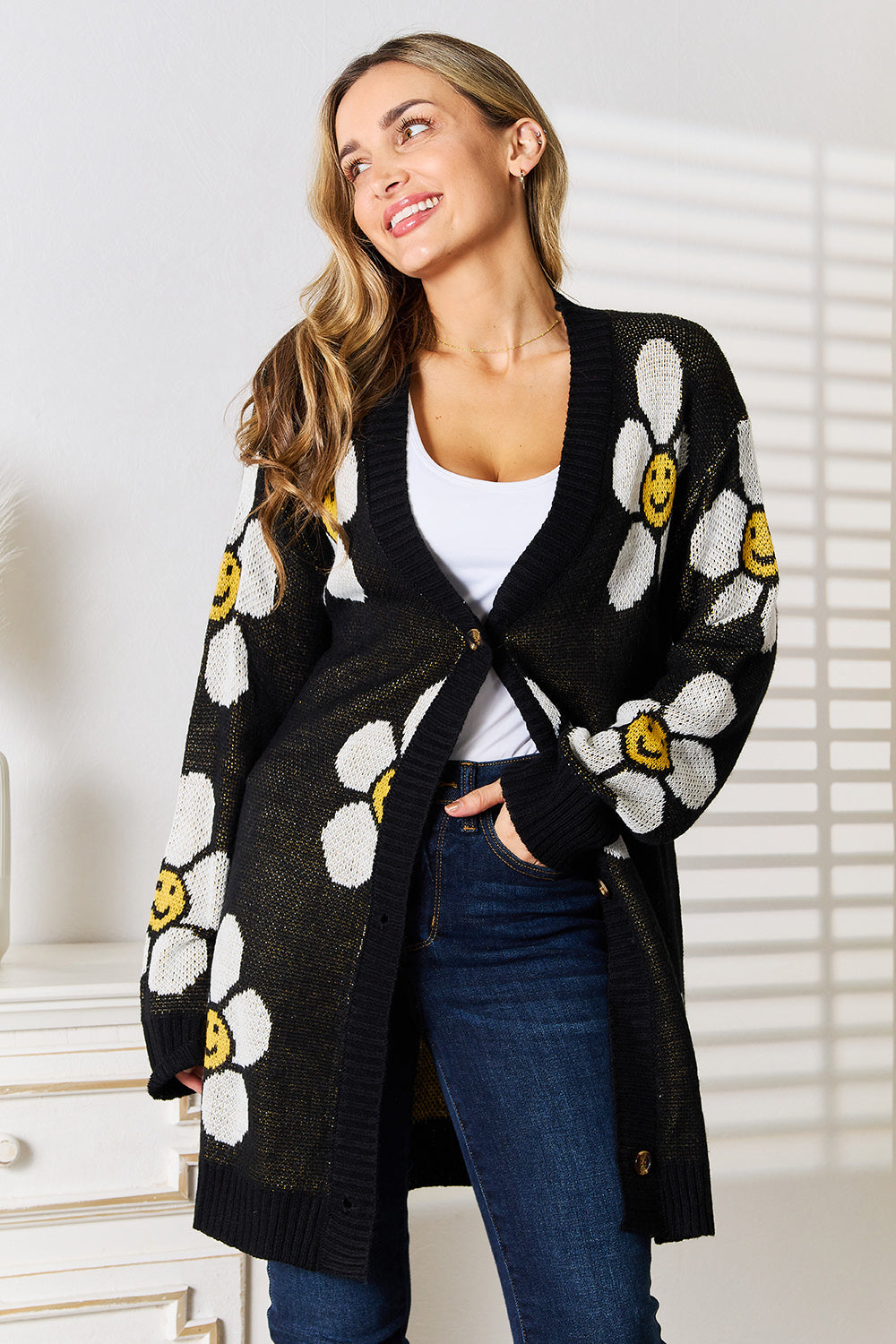 Double Take Floral Button Down Longline Cardigan Double Take Floral Button Down Longline Cardigan - TopFashionHQ