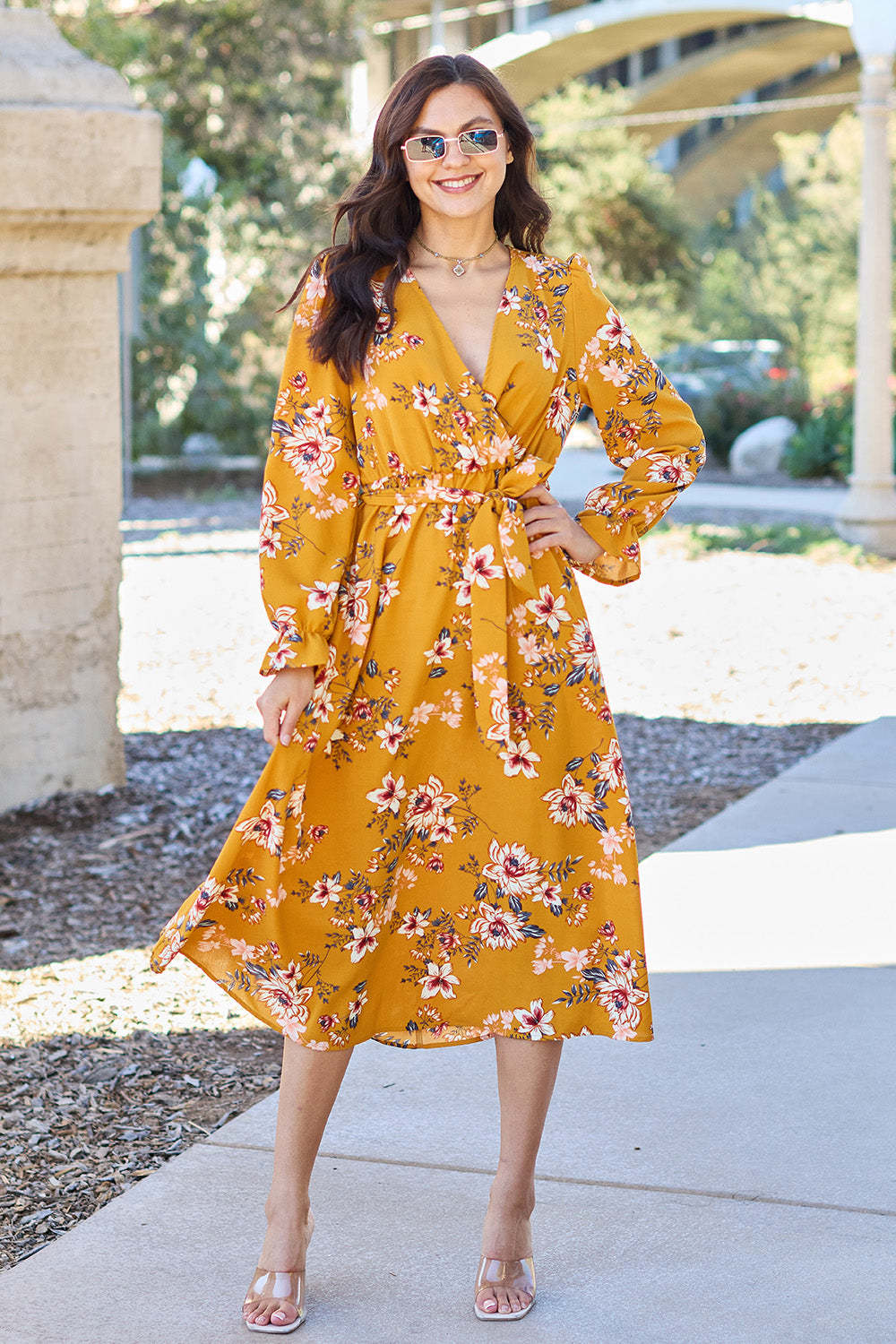Double Take Full Size Floral Tie Back Flounce Sleeve Dress Double Take Full Size Floral Tie Back Flounce Sleeve Dress - TopFashionHQ