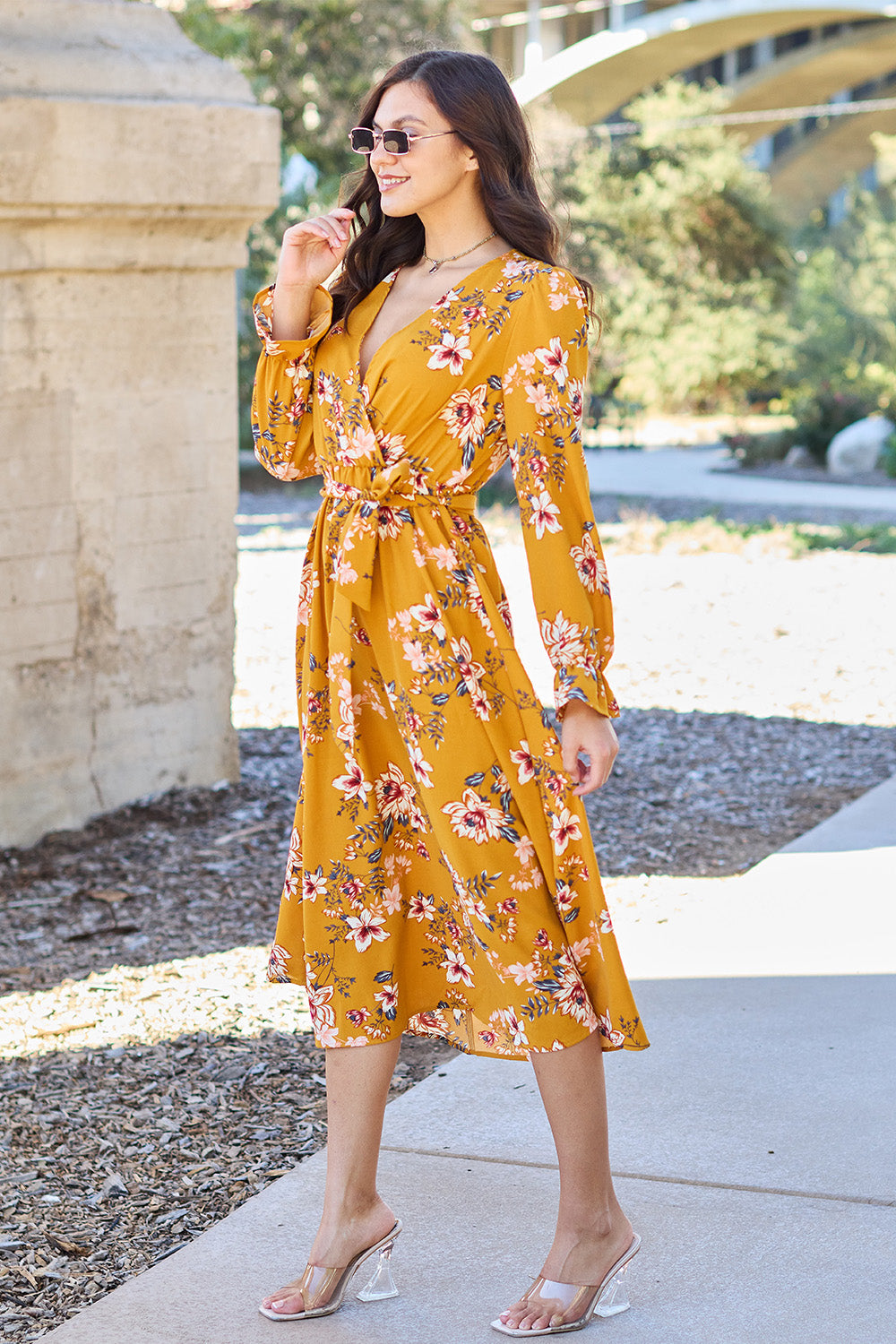 Double Take Full Size Floral Tie Back Flounce Sleeve Dress Double Take Full Size Floral Tie Back Flounce Sleeve Dress - TopFashionHQ