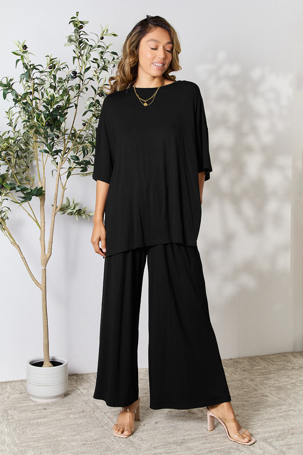 Double Take Full Size Round Neck Slit Top and Pants Set Double Take Full Size Round Neck Slit Top and Pants Set - TopFashionHQ
