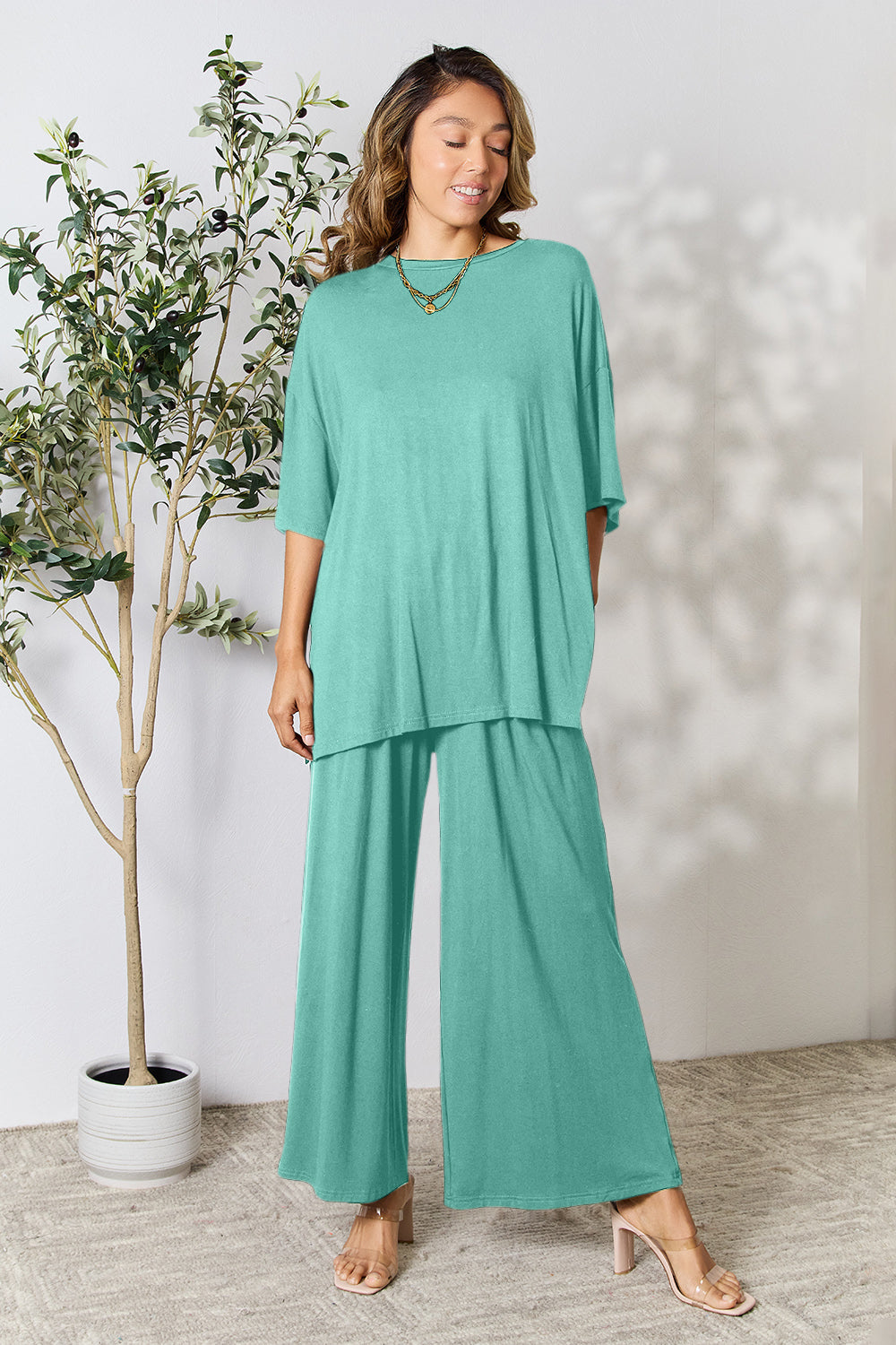 Double Take Full Size Round Neck Slit Top and Pants Set Double Take Full Size Round Neck Slit Top and Pants Set - TopFashionHQ