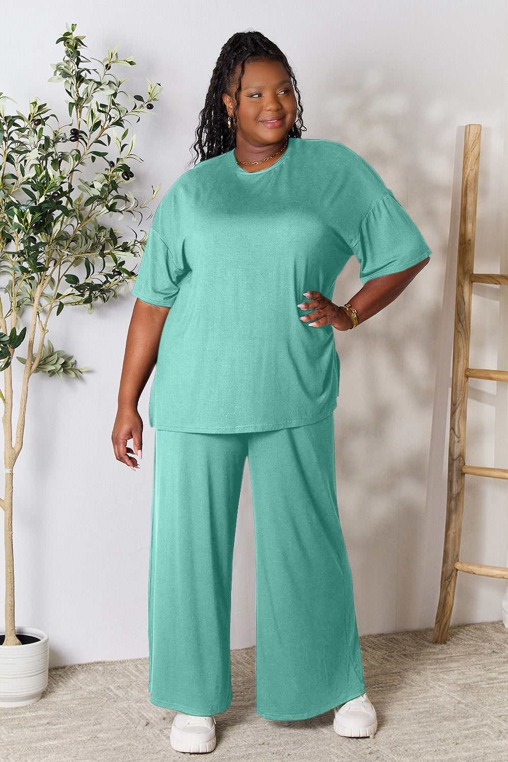 Double Take Full Size Round Neck Slit Top and Pants Set Double Take Full Size Round Neck Slit Top and Pants Set - TopFashionHQ