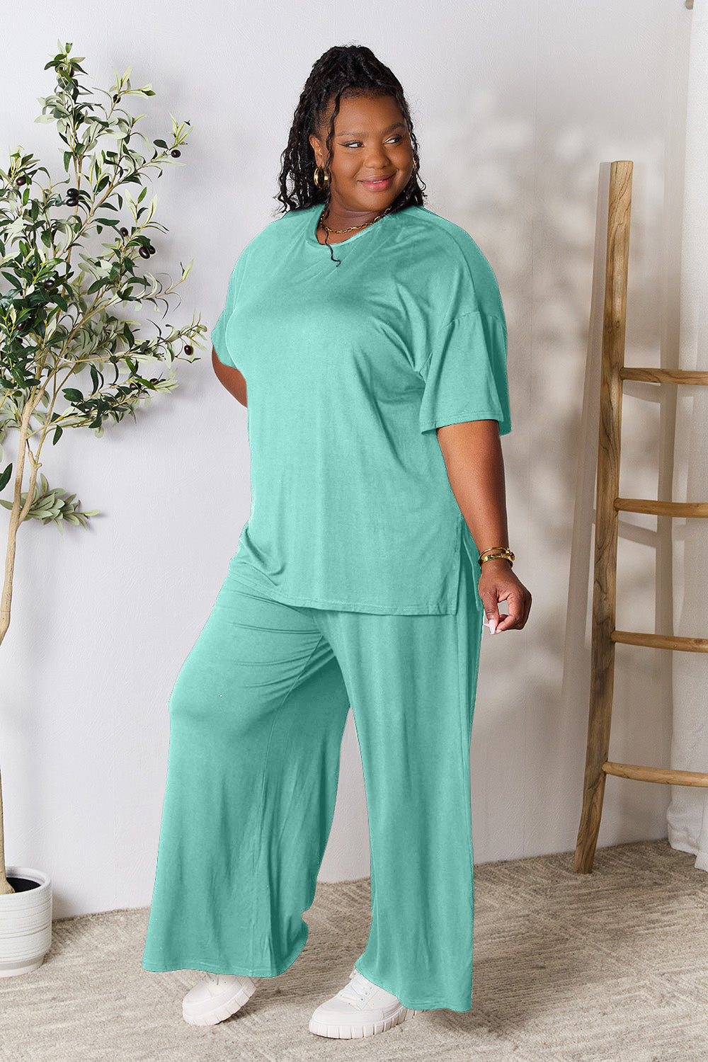 Double Take Full Size Round Neck Slit Top and Pants Set Double Take Full Size Round Neck Slit Top and Pants Set - TopFashionHQ