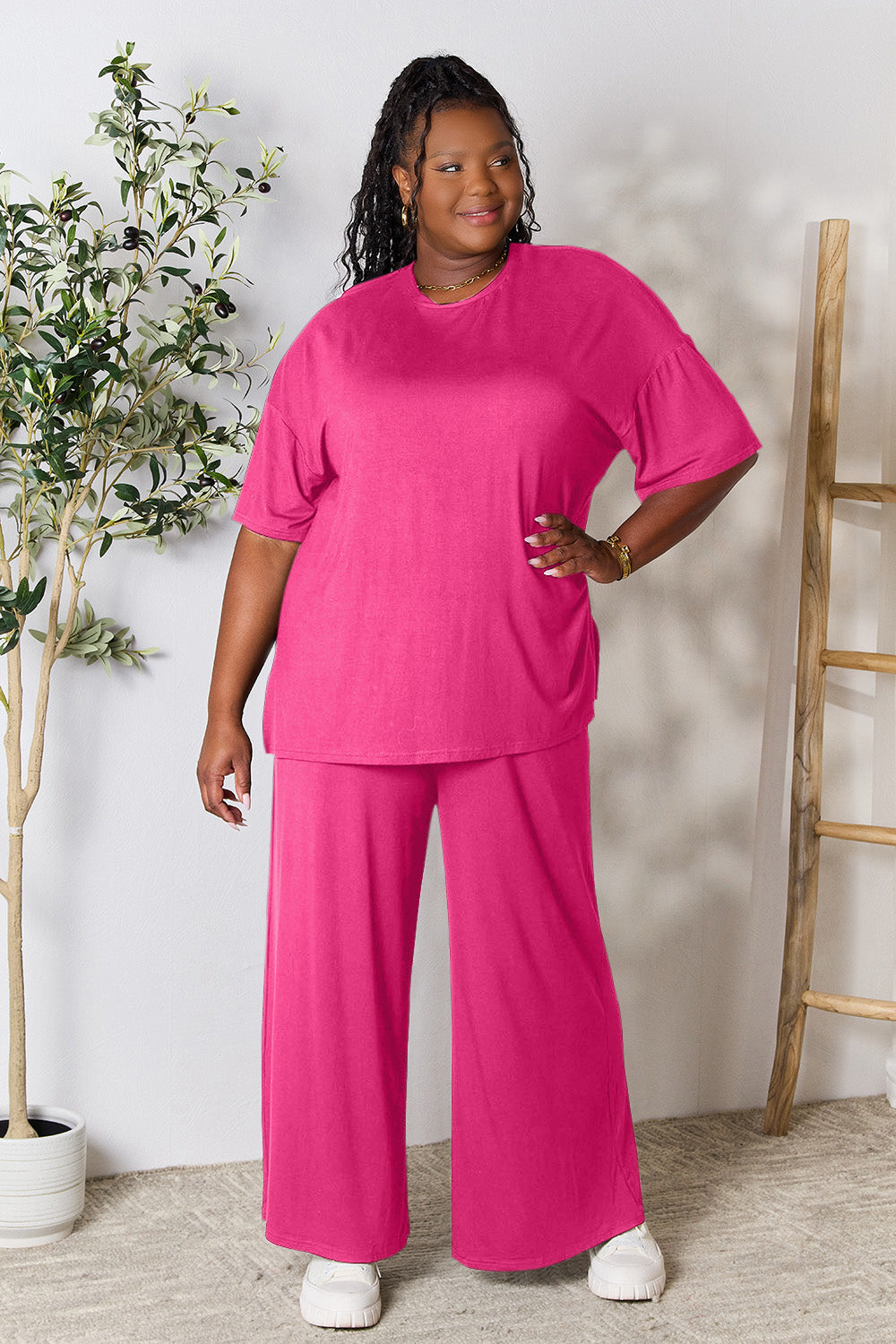 Double Take Full Size Round Neck Slit Top and Pants Set Double Take Full Size Round Neck Slit Top and Pants Set - TopFashionHQ