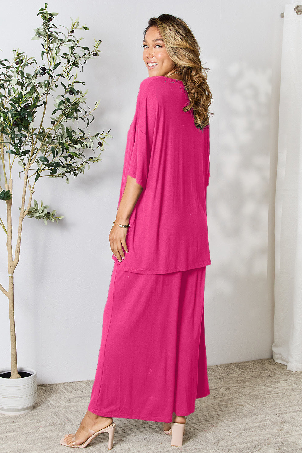 Double Take Full Size Round Neck Slit Top and Pants Set Double Take Full Size Round Neck Slit Top and Pants Set - TopFashionHQ