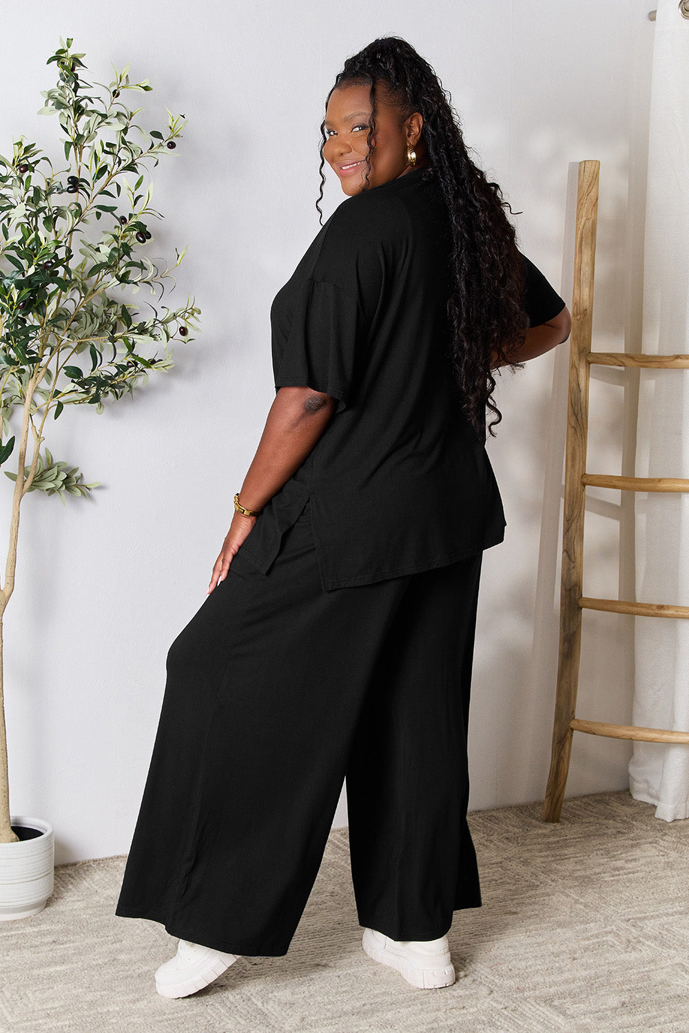 Double Take Full Size Round Neck Slit Top and Pants Set Double Take Full Size Round Neck Slit Top and Pants Set - TopFashionHQ