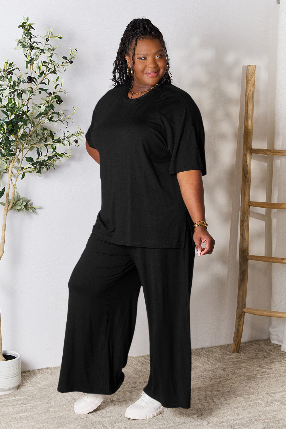 Double Take Full Size Round Neck Slit Top and Pants Set Double Take Full Size Round Neck Slit Top and Pants Set - TopFashionHQ