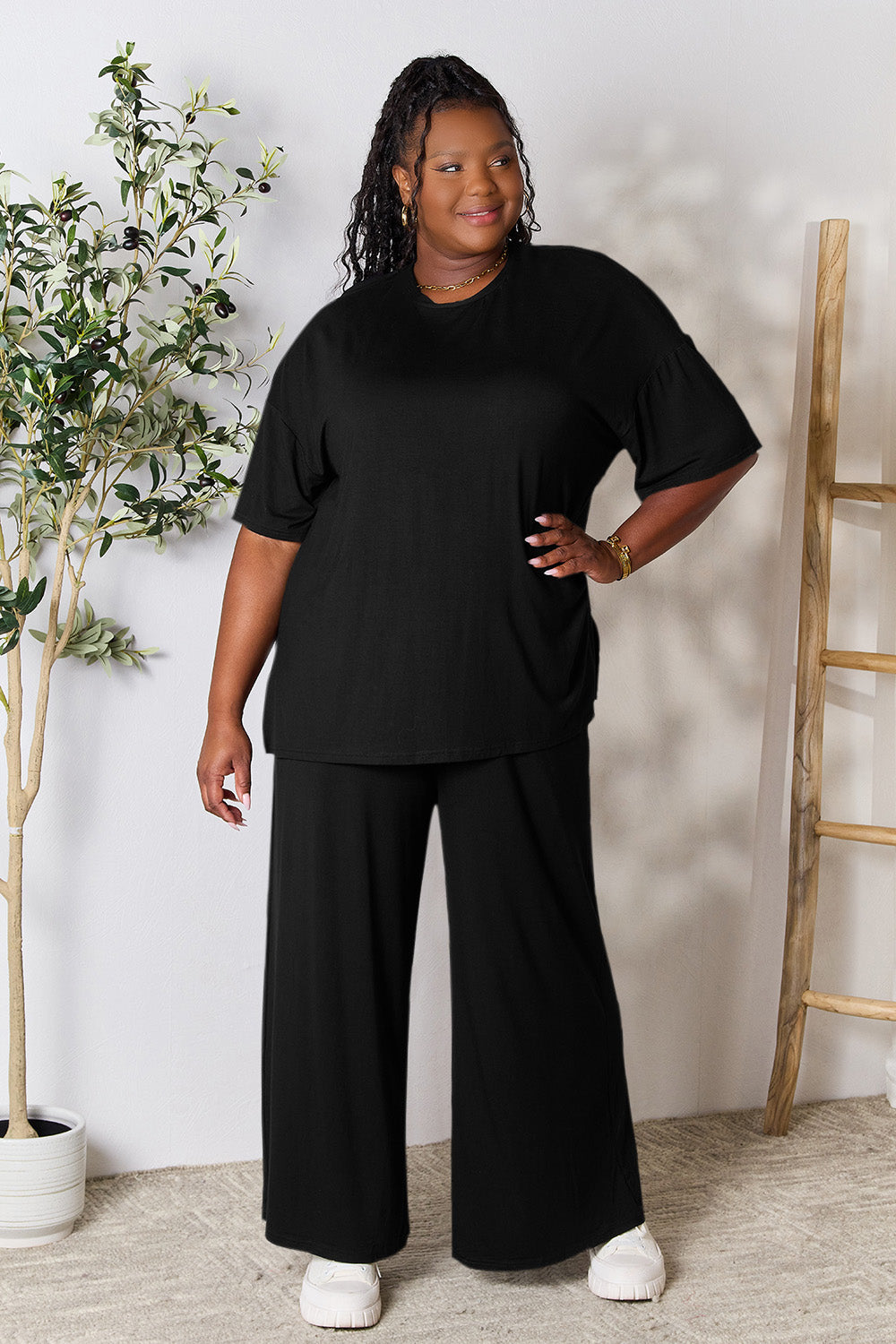 Double Take Full Size Round Neck Slit Top and Pants Set Double Take Full Size Round Neck Slit Top and Pants Set - TopFashionHQ