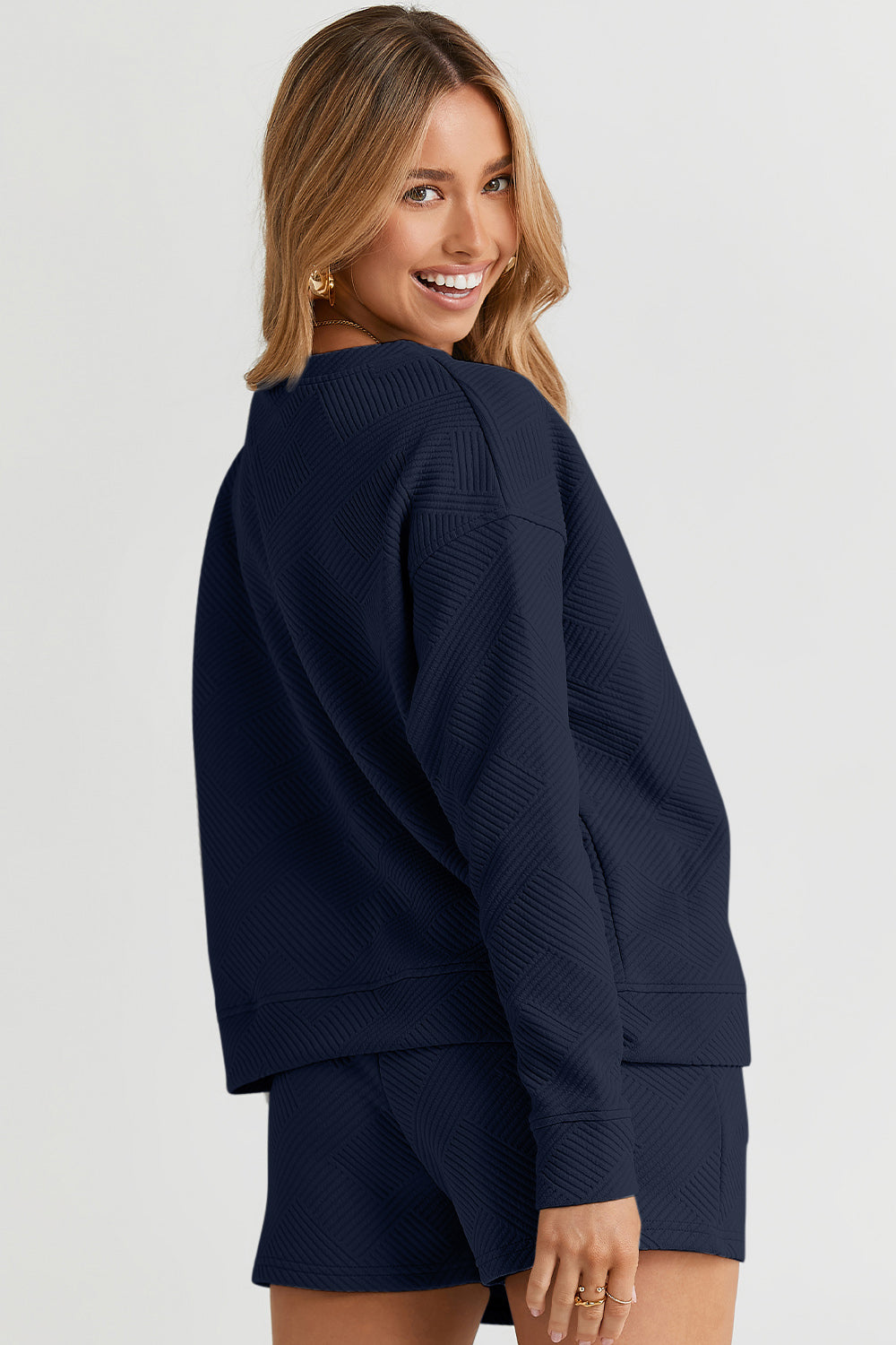 Double Take Full Size Texture Long Sleeve Top and Drawstring Shorts Set Double Take Full Size Texture Long Sleeve Top and Drawstring Shorts Set - TopFashionHQ