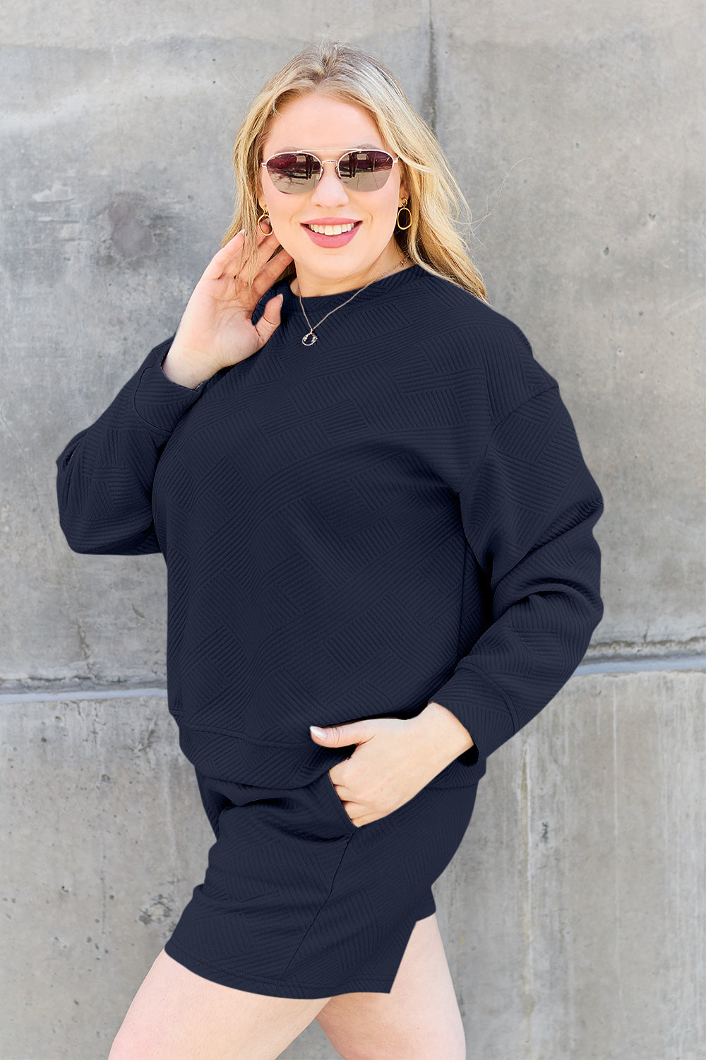 Double Take Full Size Texture Long Sleeve Top and Drawstring Shorts Set Double Take Full Size Texture Long Sleeve Top and Drawstring Shorts Set - TopFashionHQ
