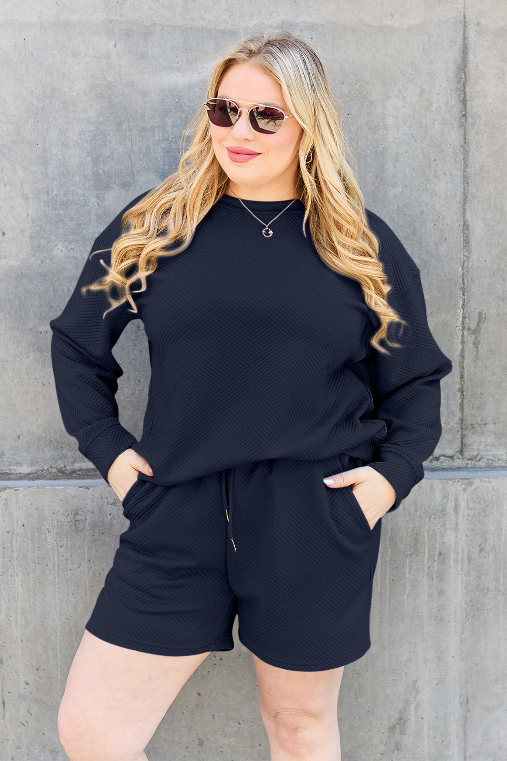 Double Take Full Size Texture Long Sleeve Top and Drawstring Shorts Set Double Take Full Size Texture Long Sleeve Top and Drawstring Shorts Set - TopFashionHQ