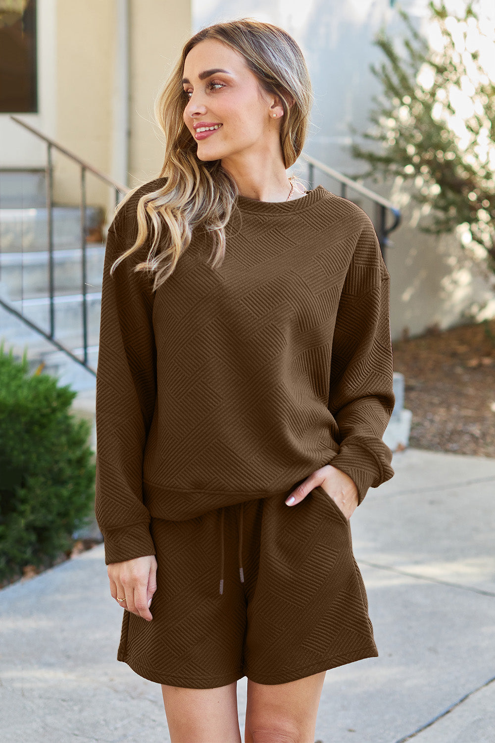 Double Take Full Size Texture Long Sleeve Top and Drawstring Shorts Set Double Take Full Size Texture Long Sleeve Top and Drawstring Shorts Set - TopFashionHQ