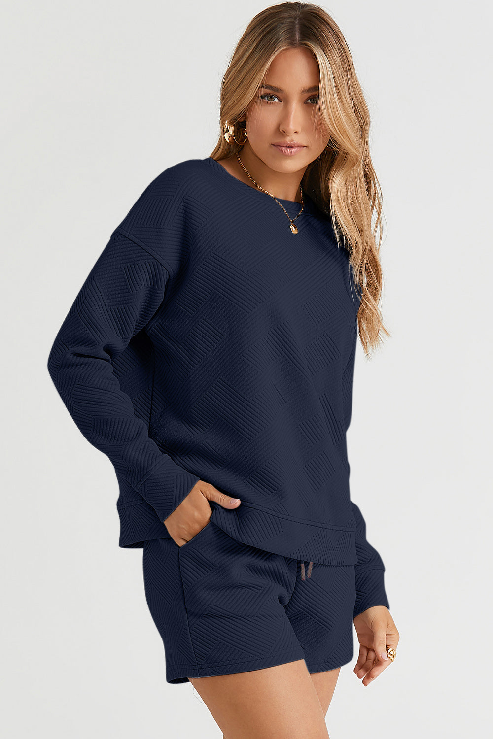 Double Take Full Size Texture Long Sleeve Top and Drawstring Shorts Set Double Take Full Size Texture Long Sleeve Top and Drawstring Shorts Set - TopFashionHQ