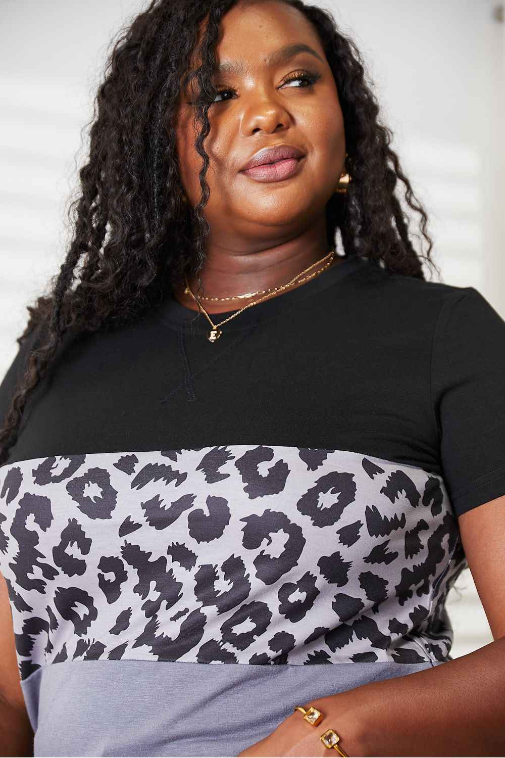 Double Take Leopard Print Color Block Short Sleeve T-Shirt Double Take Leopard Print Color Block Short Sleeve T-Shirt