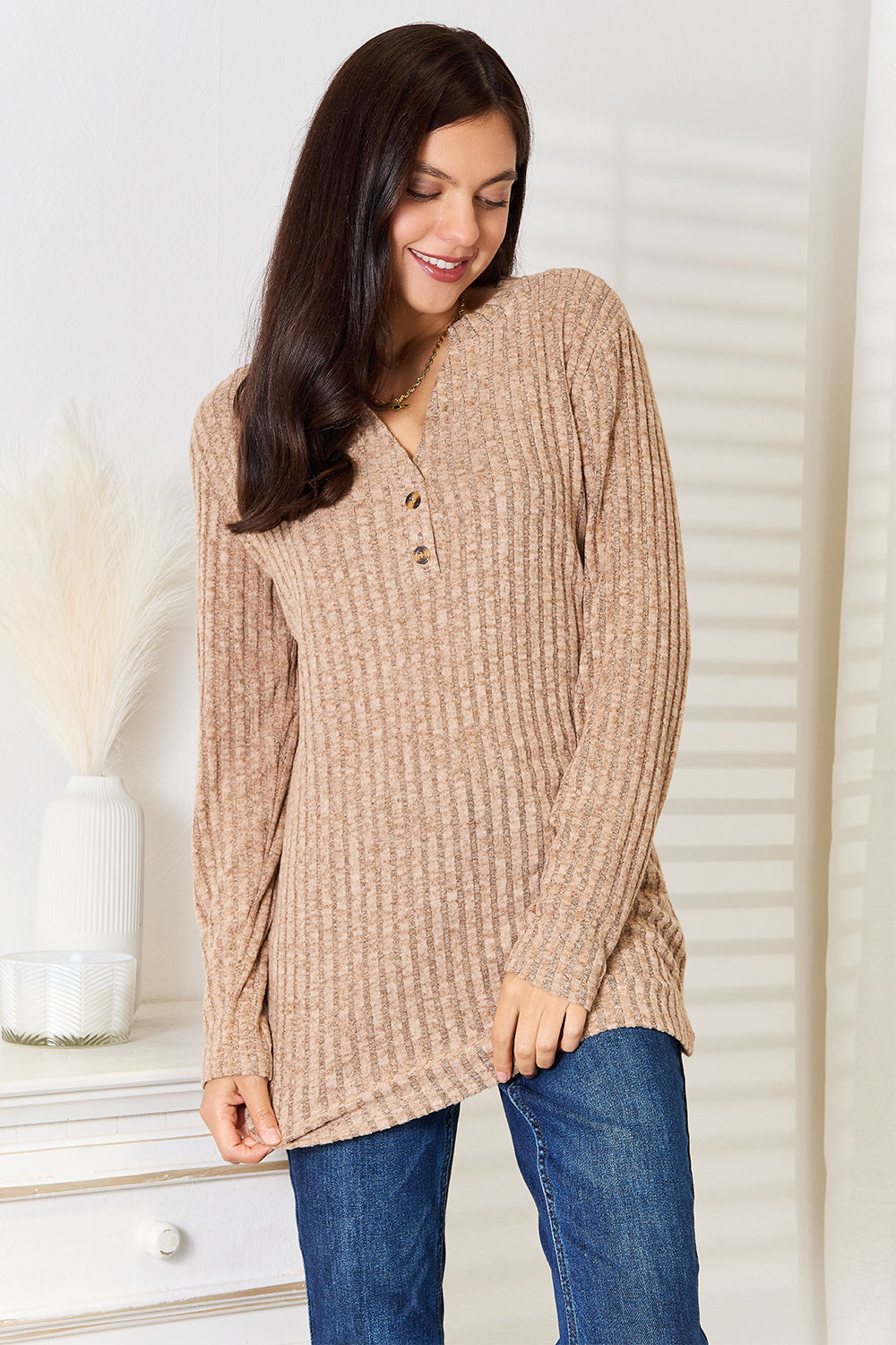 Double Take Notched Neck Ribbed Long Sleeve T-Shirt Double Take Notched Neck Ribbed Long Sleeve T-Shirt - TopFashionHQ