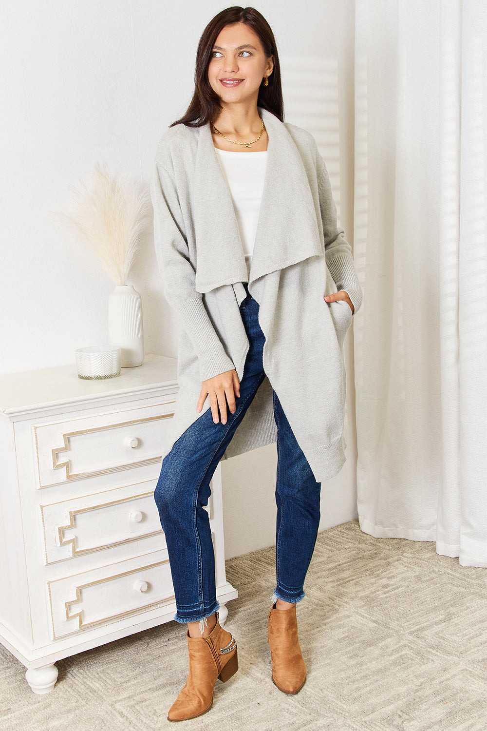 Double Take Open Front Duster Cardigan with Pockets Double Take Open Front Duster Cardigan with Pockets - TopFashionHQ