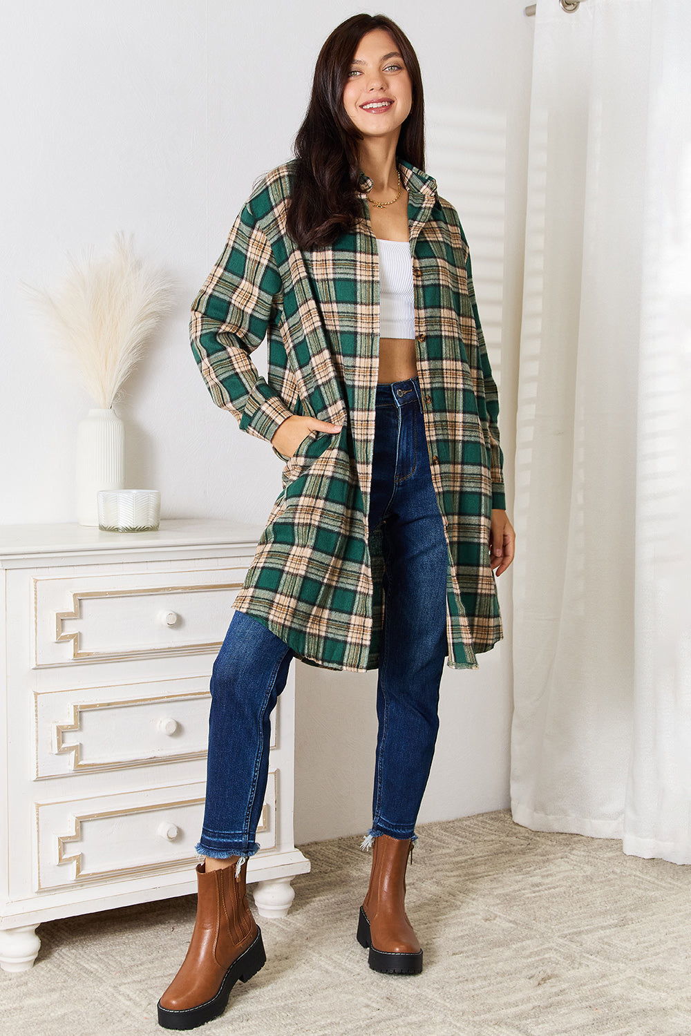 Double Take Plaid Collared Neck Long Sleeve Shirt Double Take Plaid Collared Neck Long Sleeve Shirt - TopFashionHQ