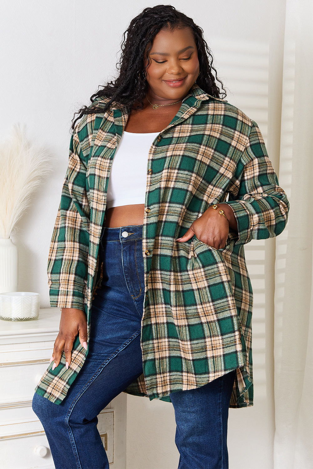 Double Take Plaid Collared Neck Long Sleeve Shirt Double Take Plaid Collared Neck Long Sleeve Shirt - TopFashionHQ