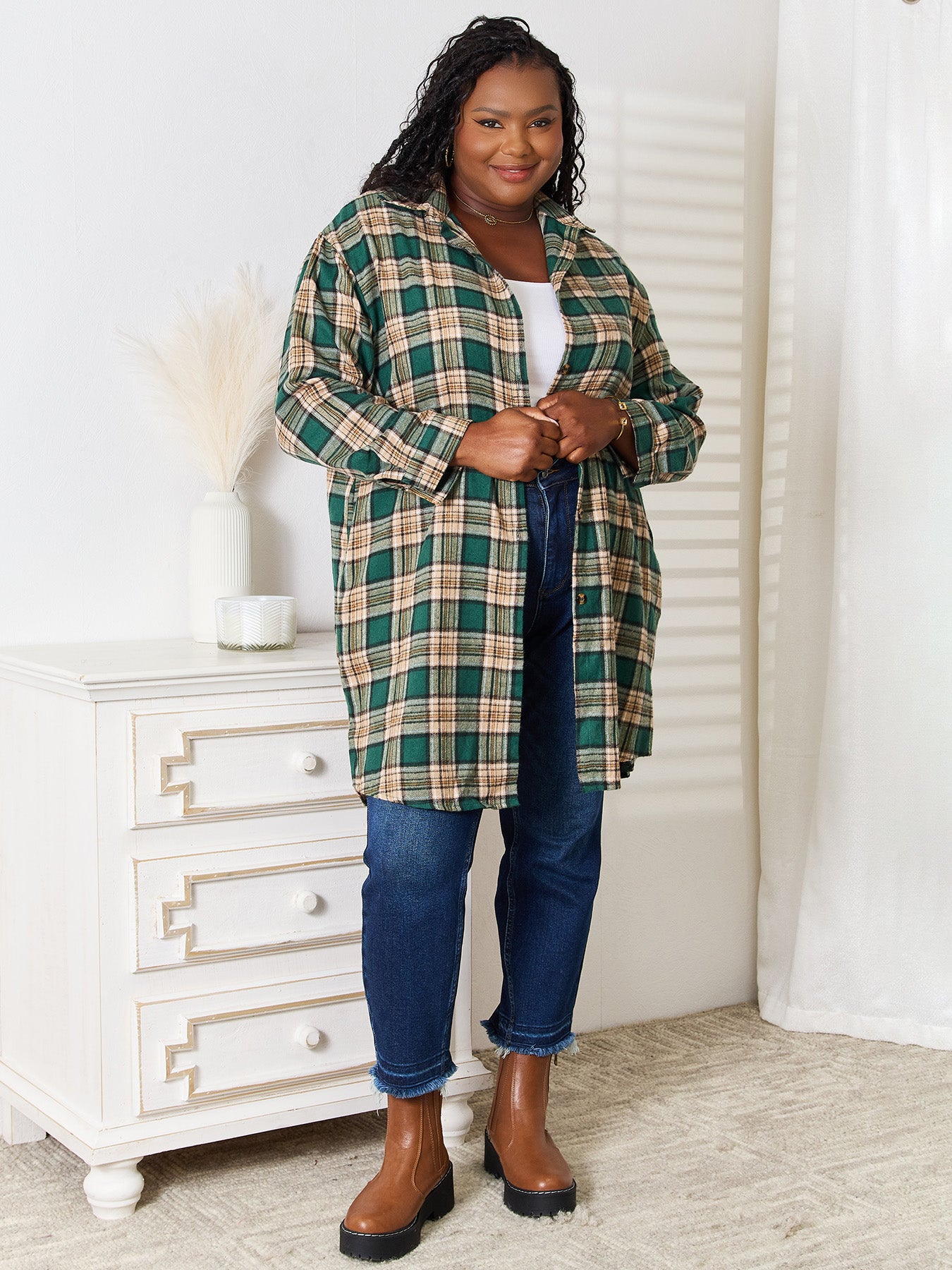 Double Take Plaid Collared Neck Long Sleeve Shirt Double Take Plaid Collared Neck Long Sleeve Shirt - TopFashionHQ