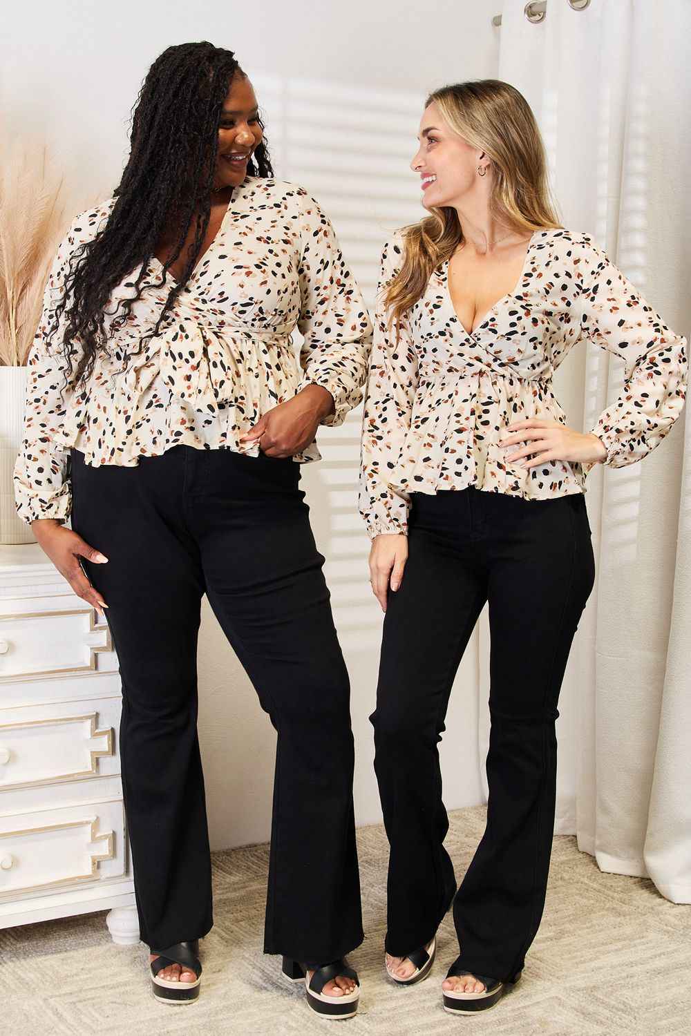 Double Take Printed Tied Plunge Peplum Blouse Double Take Printed Tied Plunge Peplum Blouse