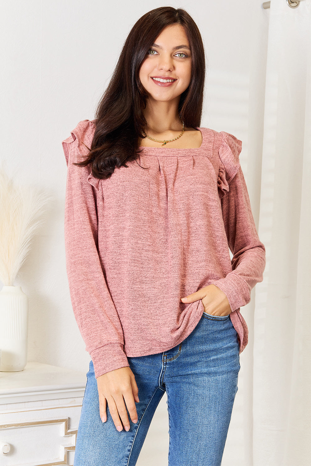 Double Take Square Neck Ruffle Shoulder Long Sleeve T-Shirt Double Take Square Neck Ruffle Shoulder Long Sleeve T-Shirt - TopFashionHQ