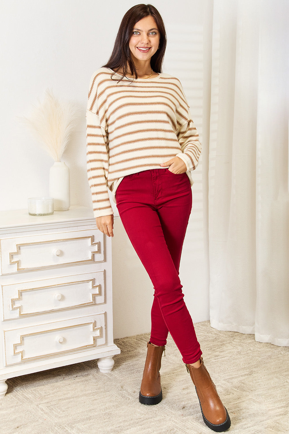 Double Take Striped Boat Neck Sweater Double Take Striped Boat Neck Sweater - TopFashionHQ