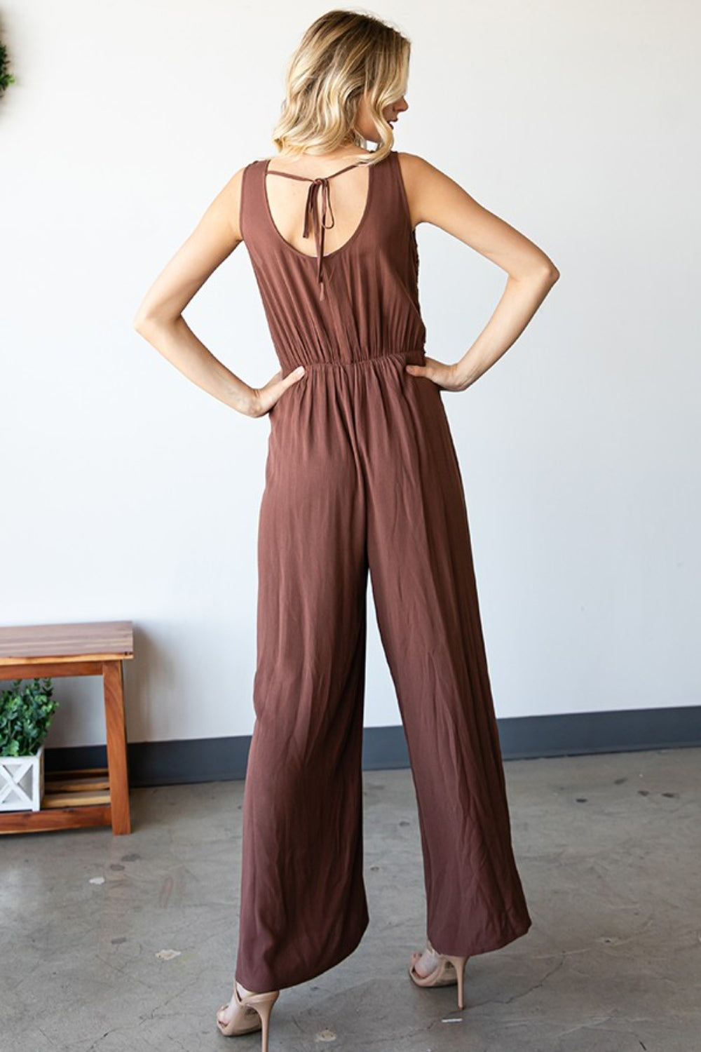 First Love Tie Back Sleeveless Slit Wide Leg Jumpsuit First Love Tie Back Sleeveless Slit Wide Leg Jumpsuit - TopFashionHQ