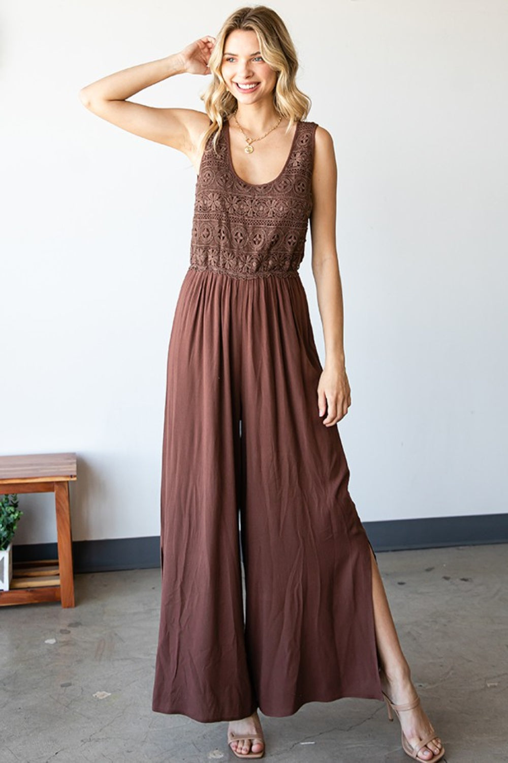 First Love Tie Back Sleeveless Slit Wide Leg Jumpsuit First Love Tie Back Sleeveless Slit Wide Leg Jumpsuit - TopFashionHQ