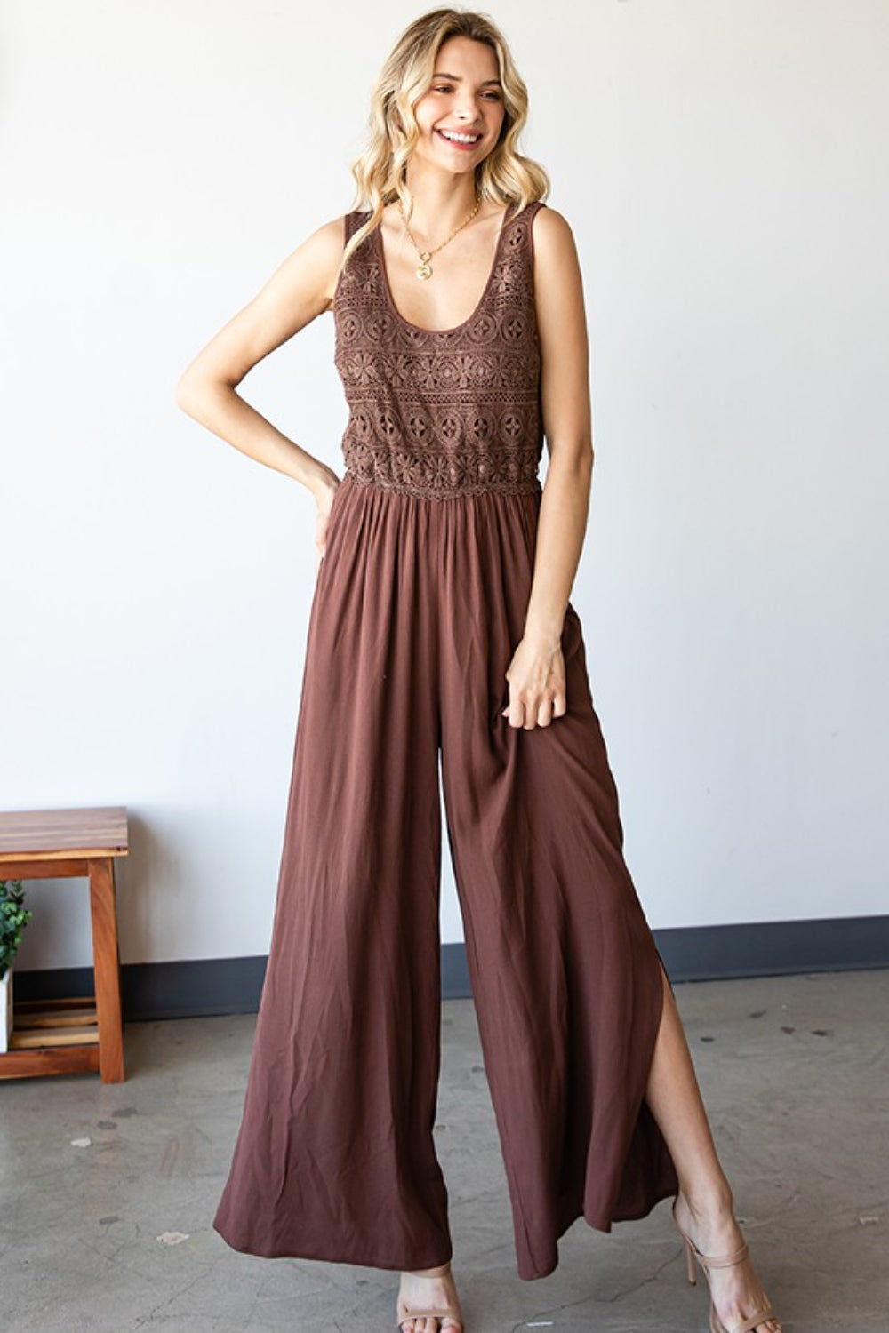 First Love Tie Back Sleeveless Slit Wide Leg Jumpsuit First Love Tie Back Sleeveless Slit Wide Leg Jumpsuit - TopFashionHQ