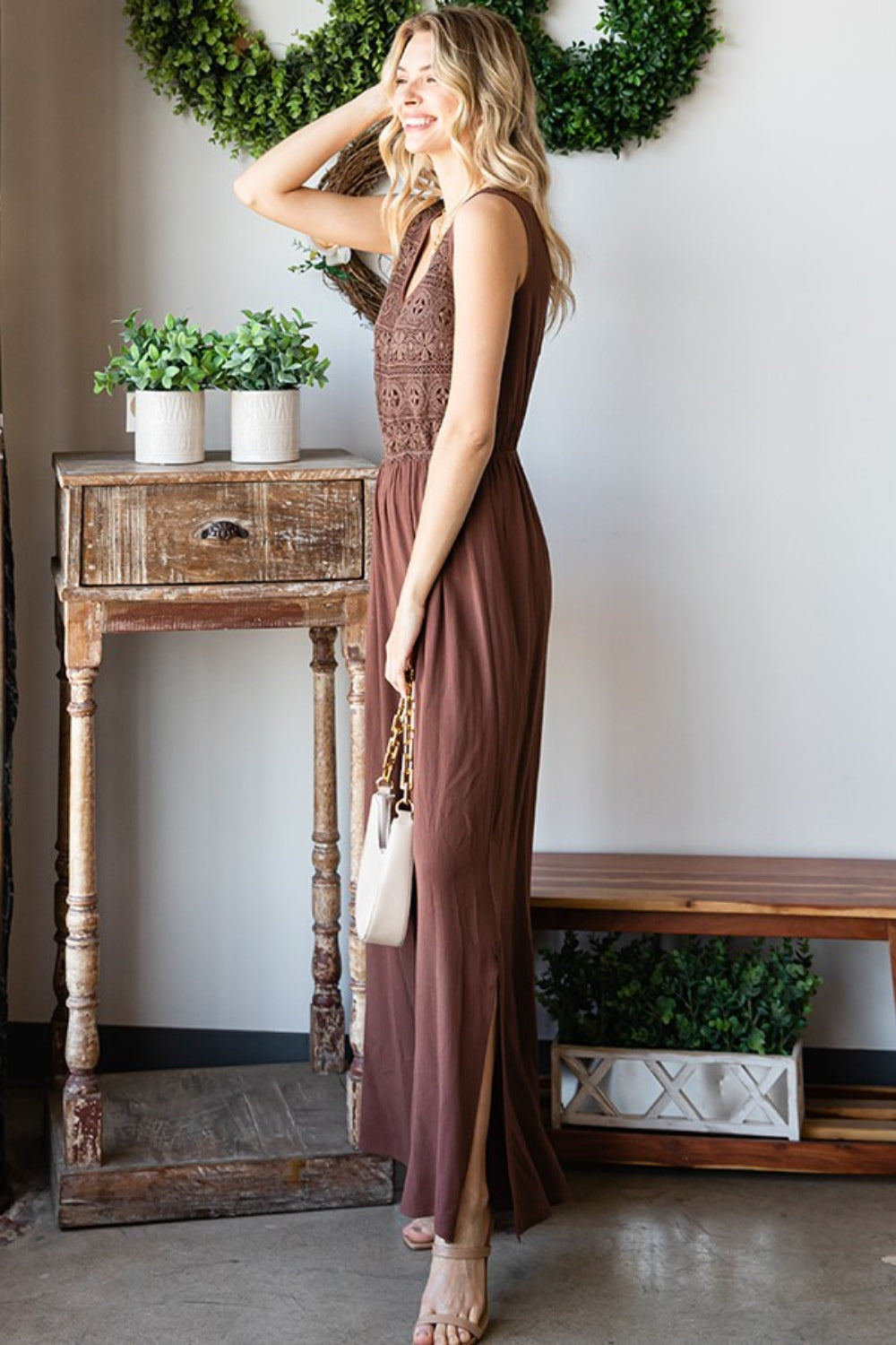 First Love Tie Back Sleeveless Slit Wide Leg Jumpsuit First Love Tie Back Sleeveless Slit Wide Leg Jumpsuit - TopFashionHQ