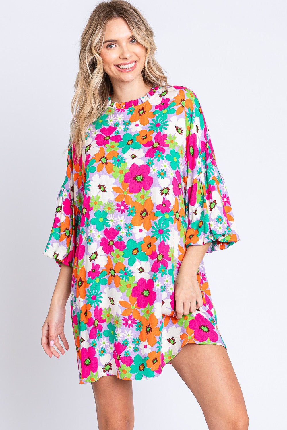 GeeGee Full Size Floral Round Neck Lantern Sleeve Mini Dress GeeGee Full Size Floral Round Neck Lantern Sleeve Mini Dress - TopFashionHQ