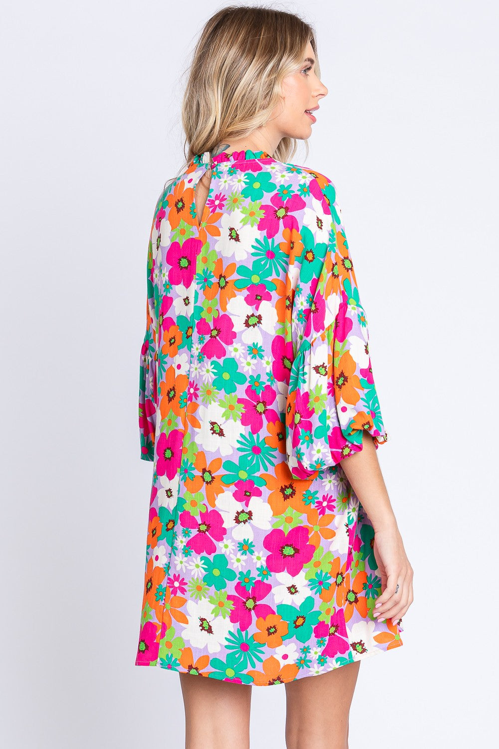 GeeGee Full Size Floral Round Neck Lantern Sleeve Mini Dress GeeGee Full Size Floral Round Neck Lantern Sleeve Mini Dress - TopFashionHQ