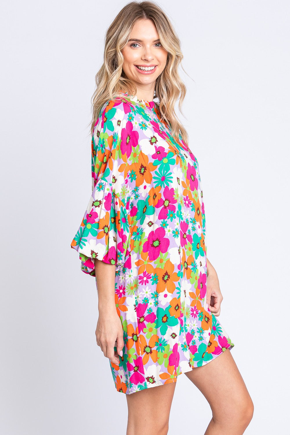 GeeGee Full Size Floral Round Neck Lantern Sleeve Mini Dress GeeGee Full Size Floral Round Neck Lantern Sleeve Mini Dress - TopFashionHQ