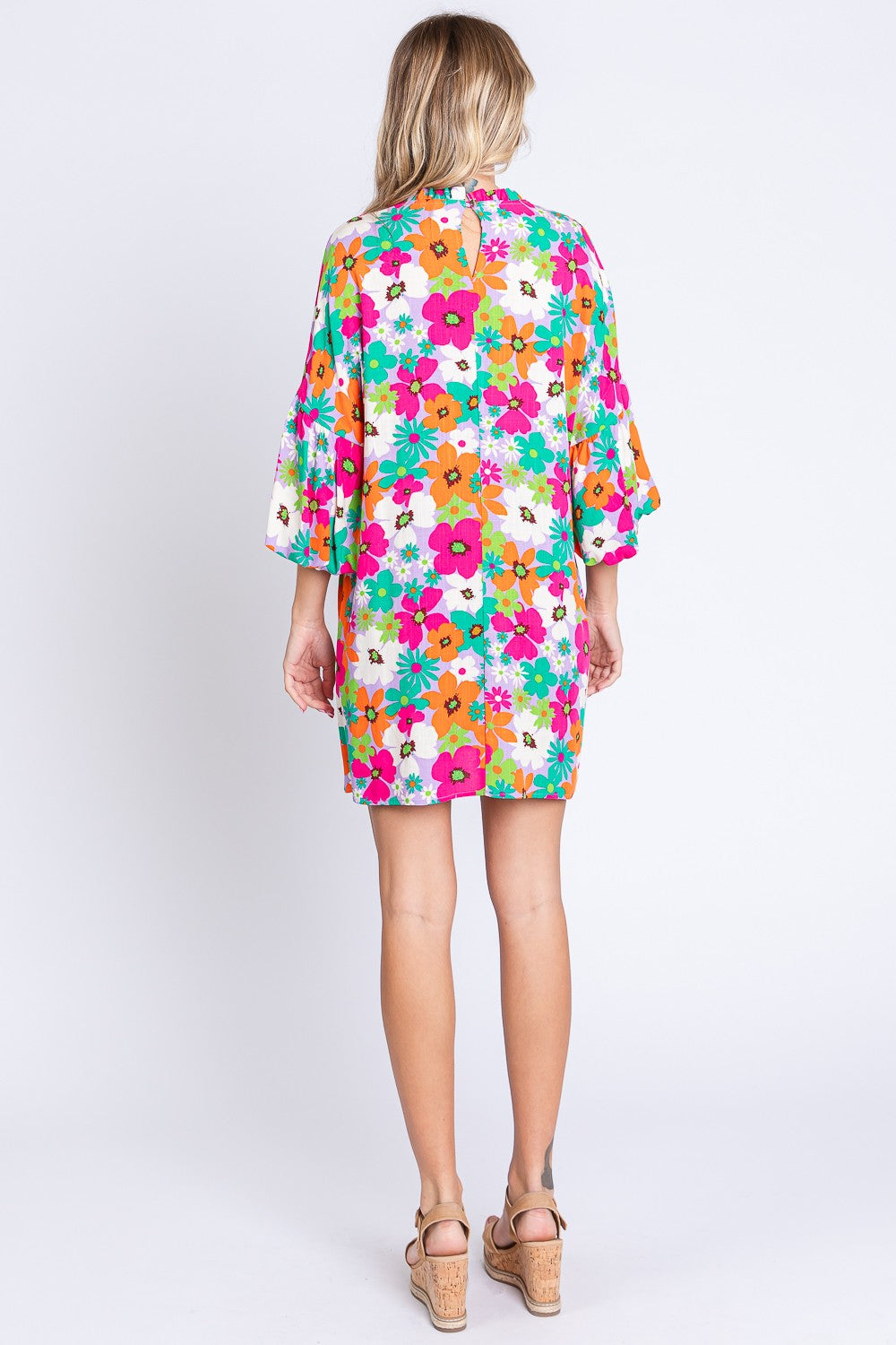 GeeGee Full Size Floral Round Neck Lantern Sleeve Mini Dress GeeGee Full Size Floral Round Neck Lantern Sleeve Mini Dress - TopFashionHQ