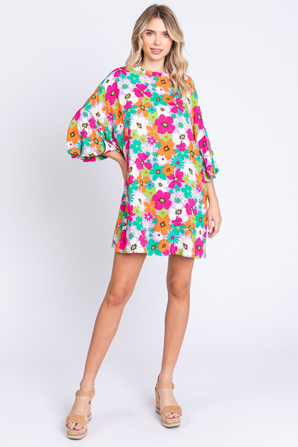 GeeGee Full Size Floral Round Neck Lantern Sleeve Mini Dress GeeGee Full Size Floral Round Neck Lantern Sleeve Mini Dress - TopFashionHQ