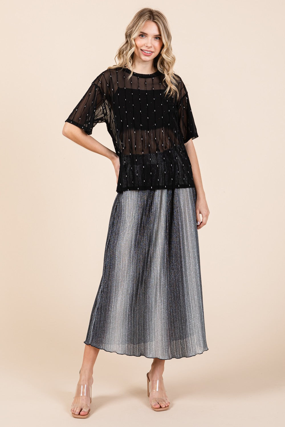 GeeGee Round Neck Drop Shoulder Mesh Glitter Top GeeGee Round Neck Drop Shoulder Mesh Glitter Top - TopFashionHQ