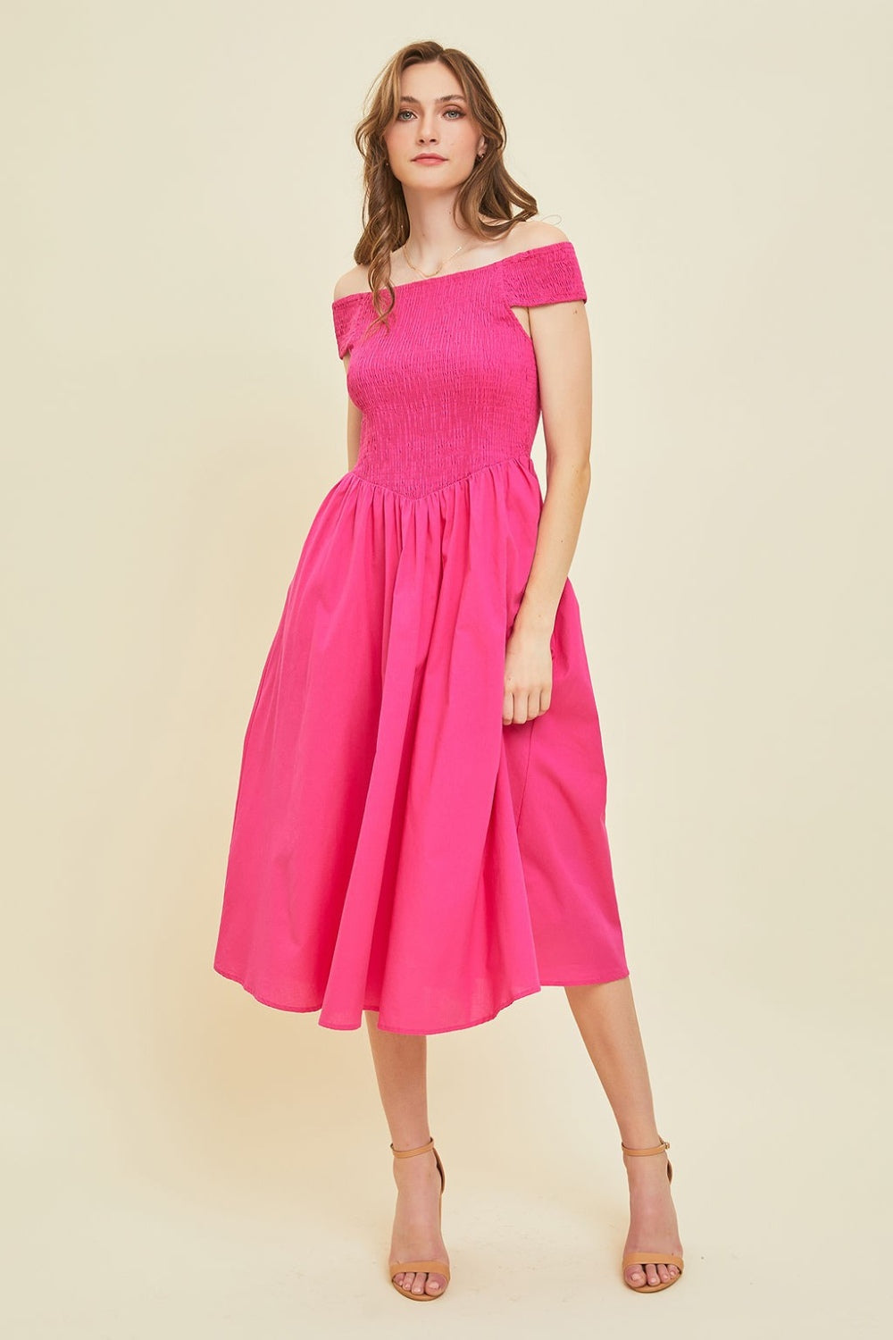 HEYSON Off-Shoulder Smocked Midi Dress HEYSON Off-Shoulder Smocked Midi Dress - TopFashionHQ