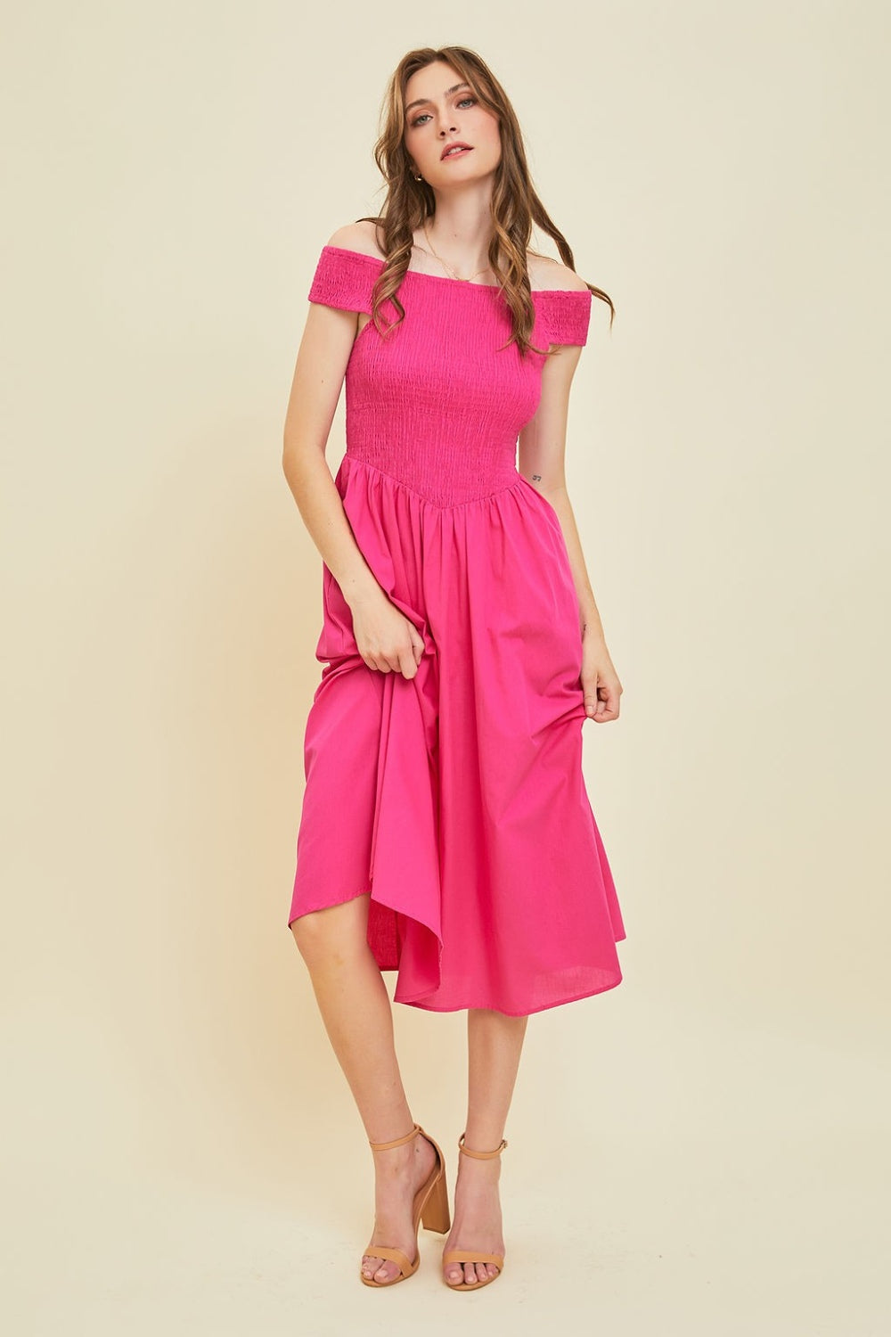 HEYSON Off-Shoulder Smocked Midi Dress HEYSON Off-Shoulder Smocked Midi Dress - TopFashionHQ